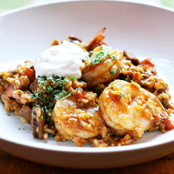 JAMBALAYA WITH CHICKEN ANDOUILLE SAUSAGE & BROWN RICE