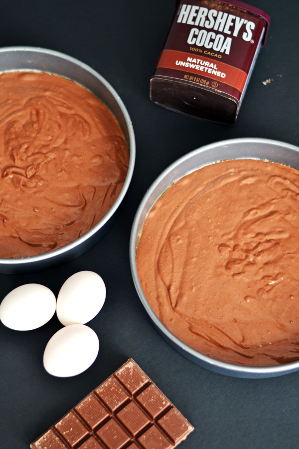 Cake batter and ingredients for Triple Chocolate Cake