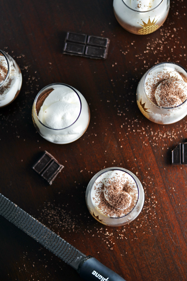Served Chocolate Marshmallow Mousse with chocolate shavings.