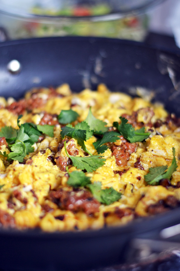 Fluffy egg mixture for Breakfast Chorizo Chimichangas